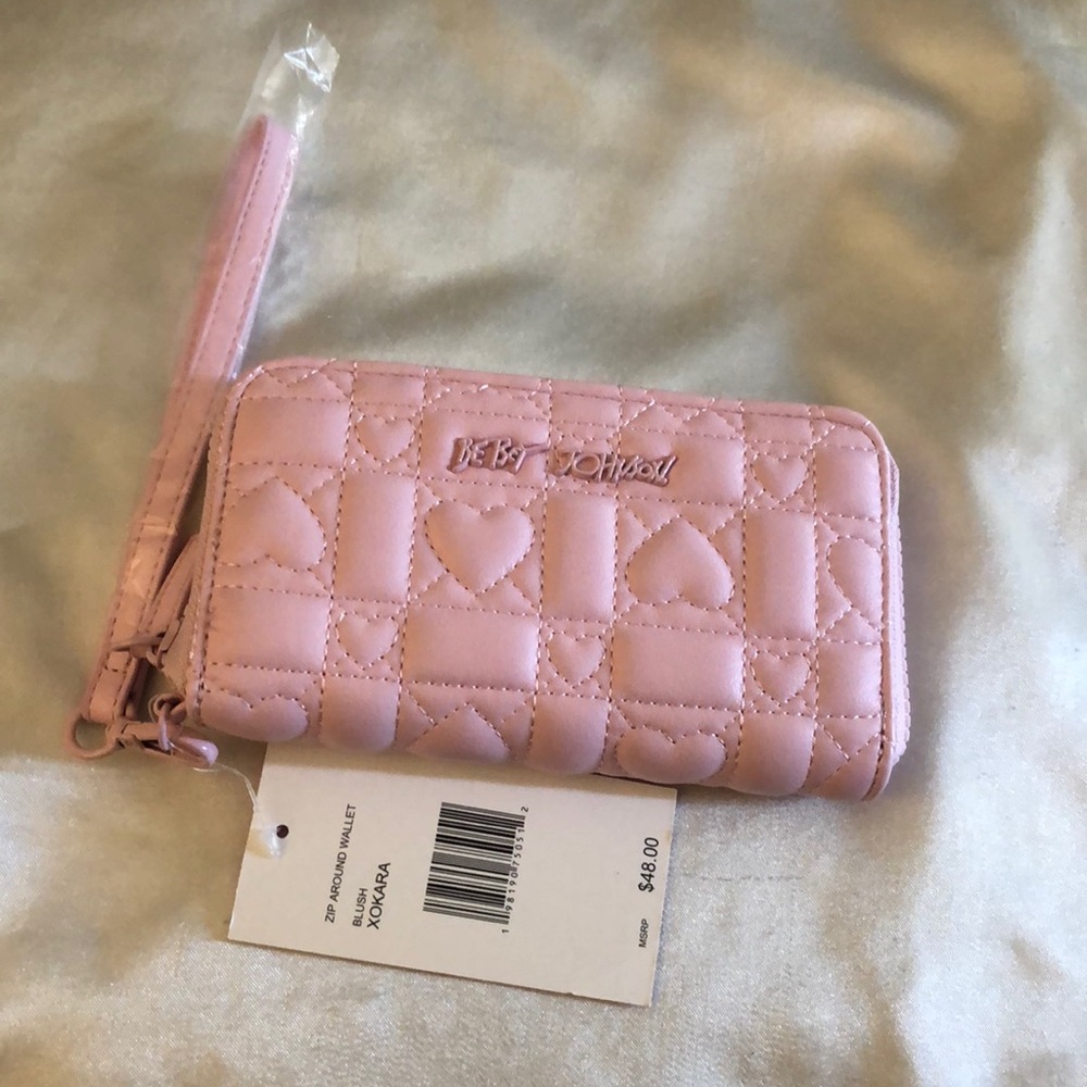 Betsey Johnson Blush Faux Leather ZA Wallet Quilted Heart & Geometric Design NWT
